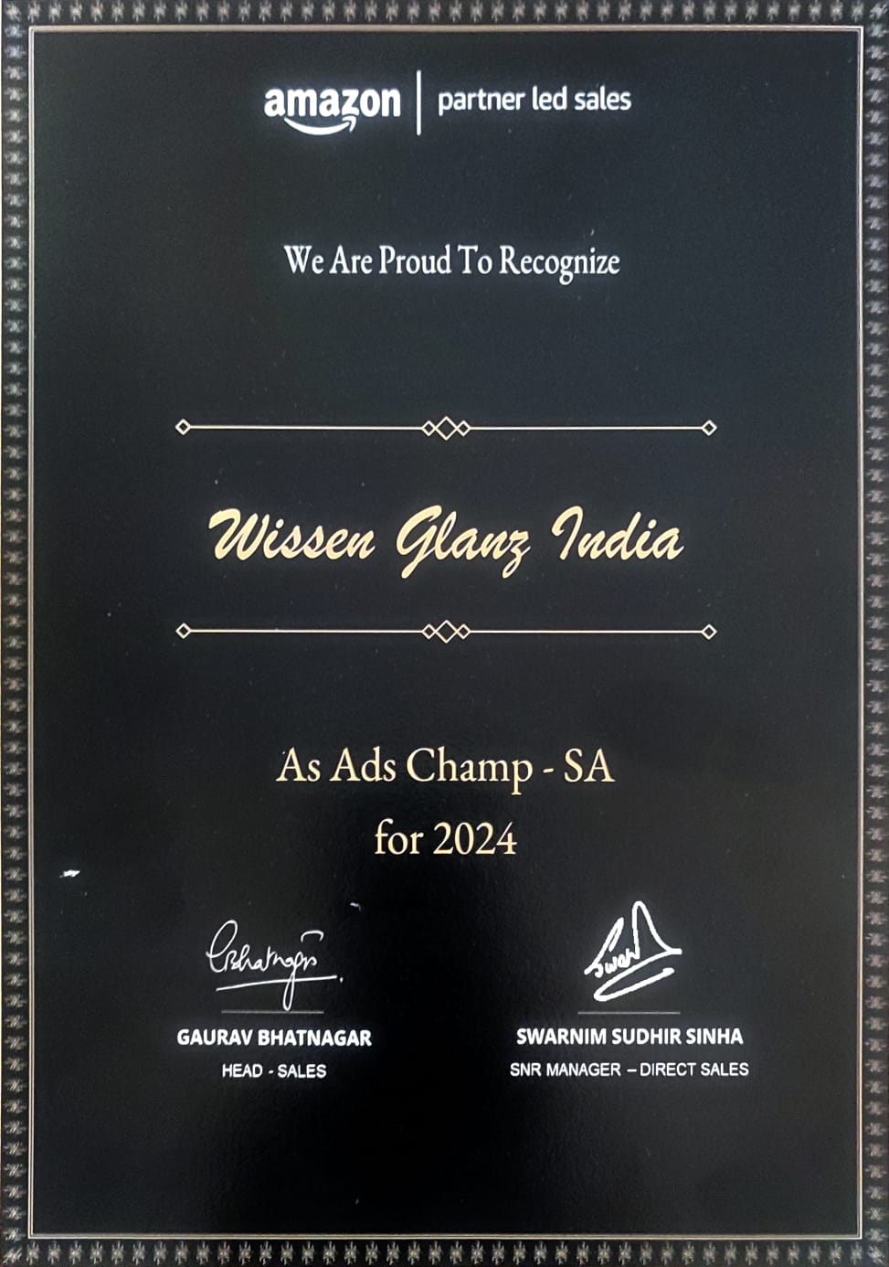 Wissen Glanz India Ads Champion certificate