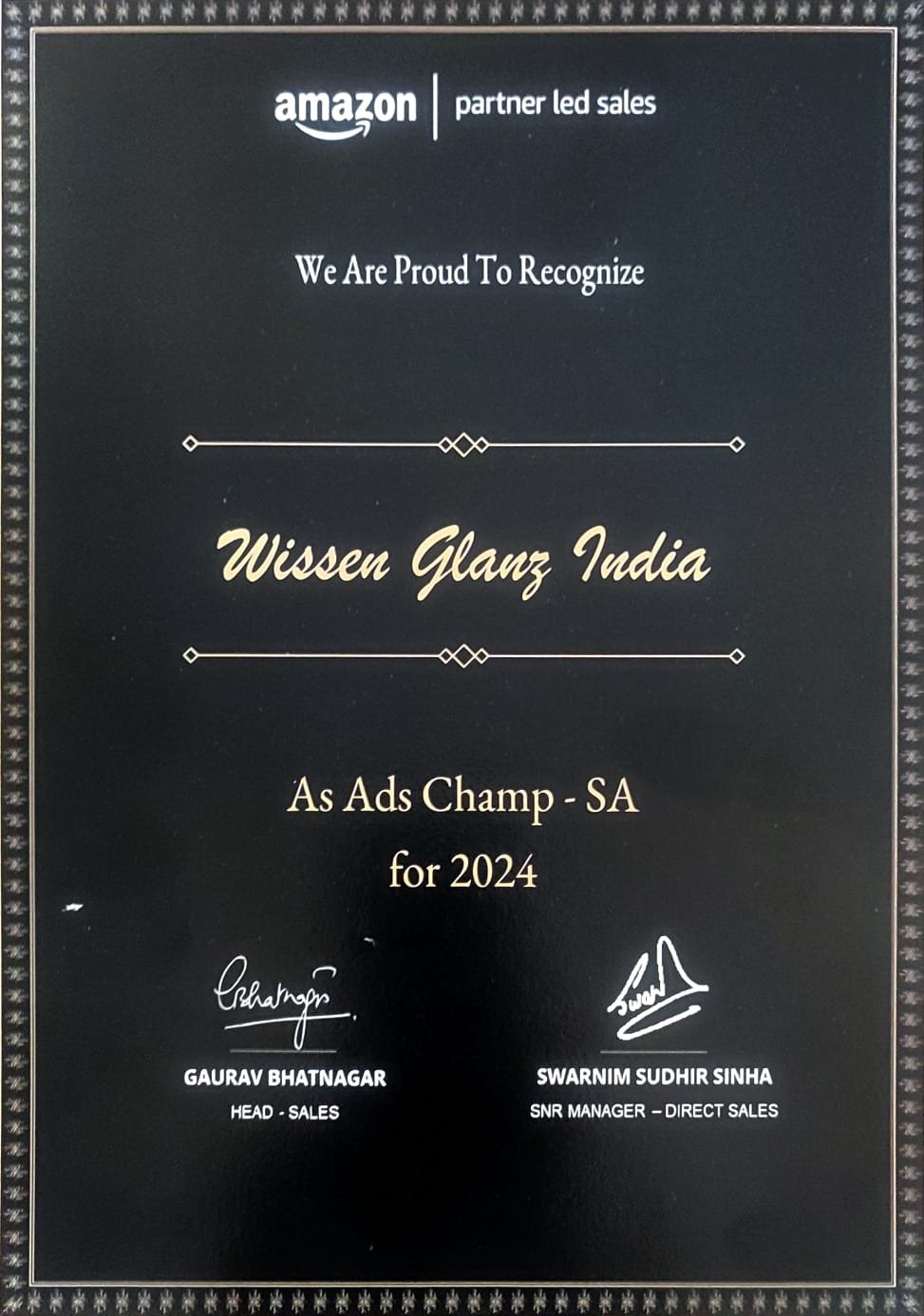Wissen Glanz India Ads Champion certificate